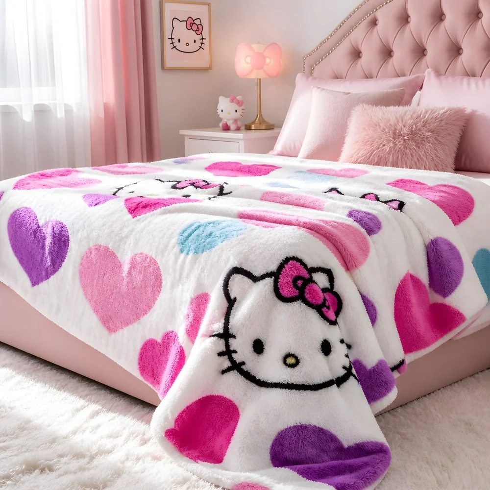 Hello Kitty Candy White Purple Pink Hearts Plush Faux Throw Blanket 50”x 70”